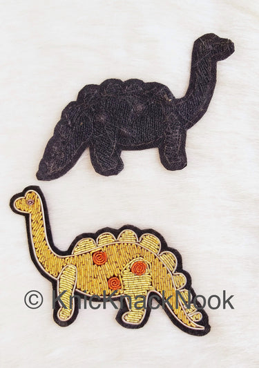 Hand Embroidered Dinosaur Applique In Gold, Yellow And Copper Zardozi Threadwork, Animal Motif